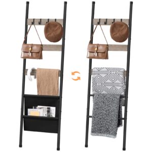 HOOBRO Blanket Ladder, 5 Tier Towel Rack, 17.3" L x 63" H, Wall-Leaning Blanket Rack for Living Room, Decorative Ladder with 4 Hooks and Magazine Pocket, Greige BG32CJ01