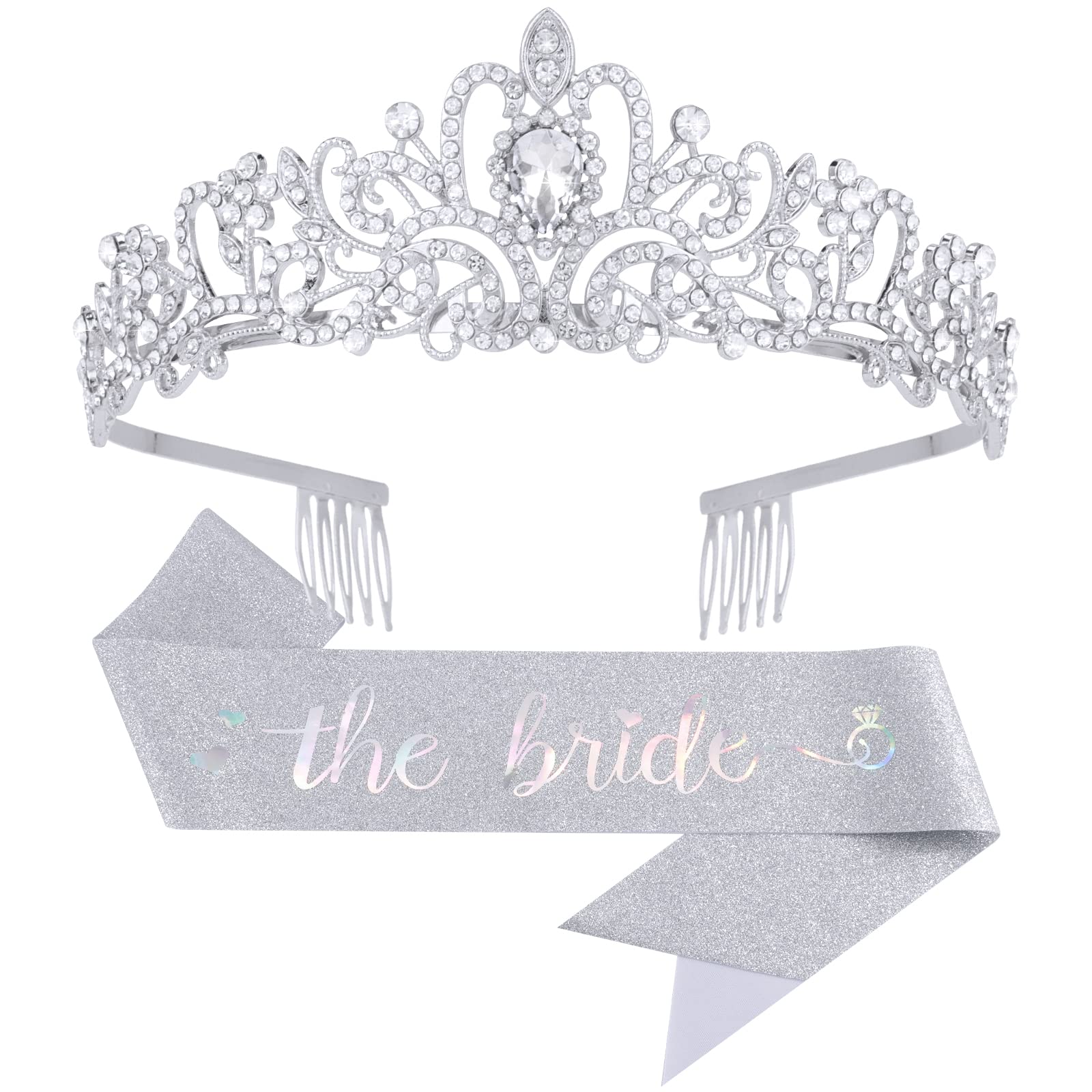 Crystal Crown and Silver Sash Kit, Bridal Shower Decorations Bachelorette Party Favors, Wedding Tiara and Glitter Sash for Bride