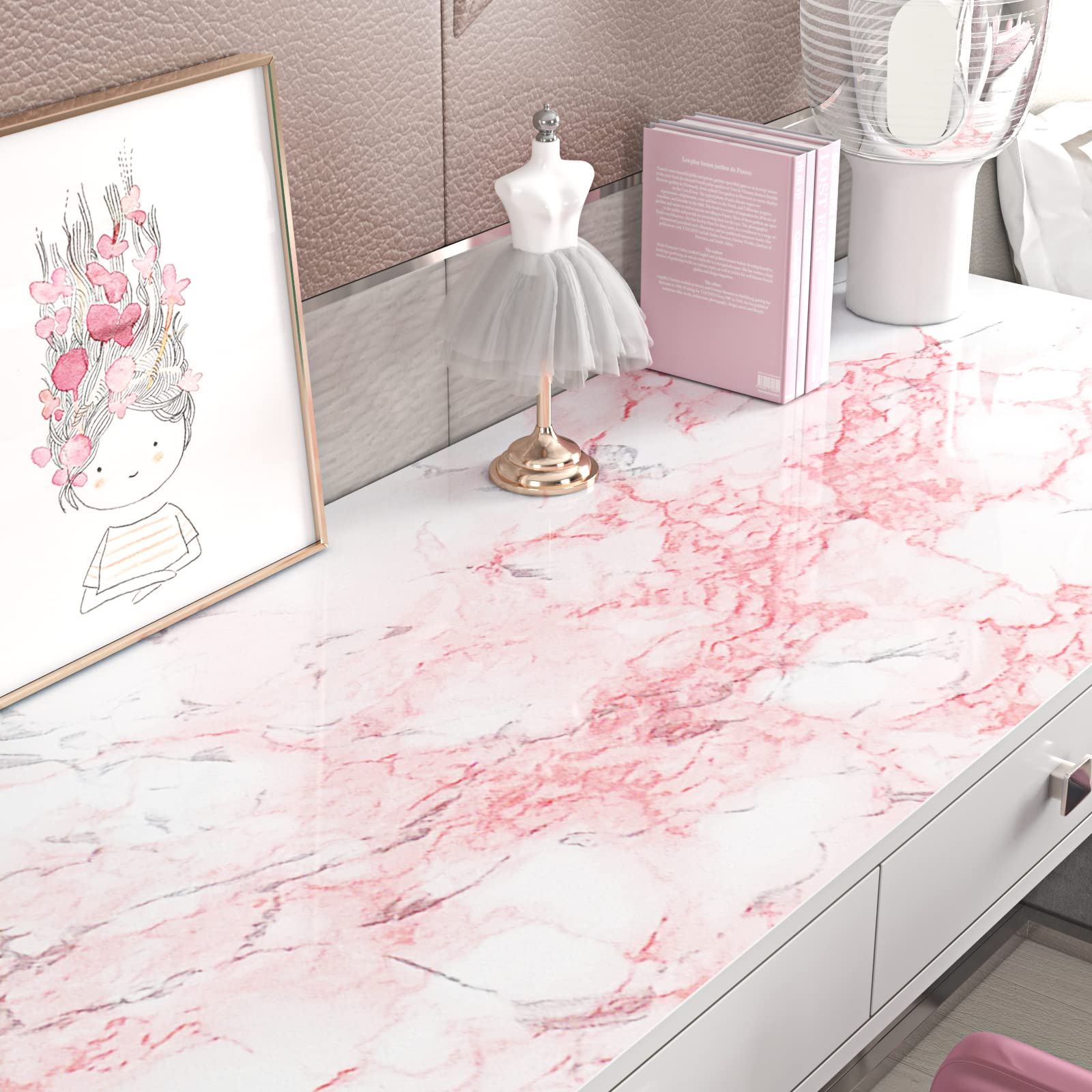 Livelynine Waterproof Pink Marble Contact Paper for Countertops Peel and Stick Marble Wallpaper Sticky Desk Wallpaper for Bedroom Dresser Cover Bathroom Counter Top Wrap Classroom Dorm Wall 15.8x78.8