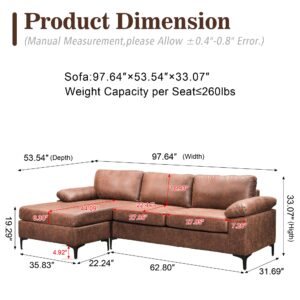 XIZZI L Shaped Sofa Convertible Sectional Sofa 3-Seat Couch with Reversible Chaise for Living Room,L Shaped 97 inches Dark Brown