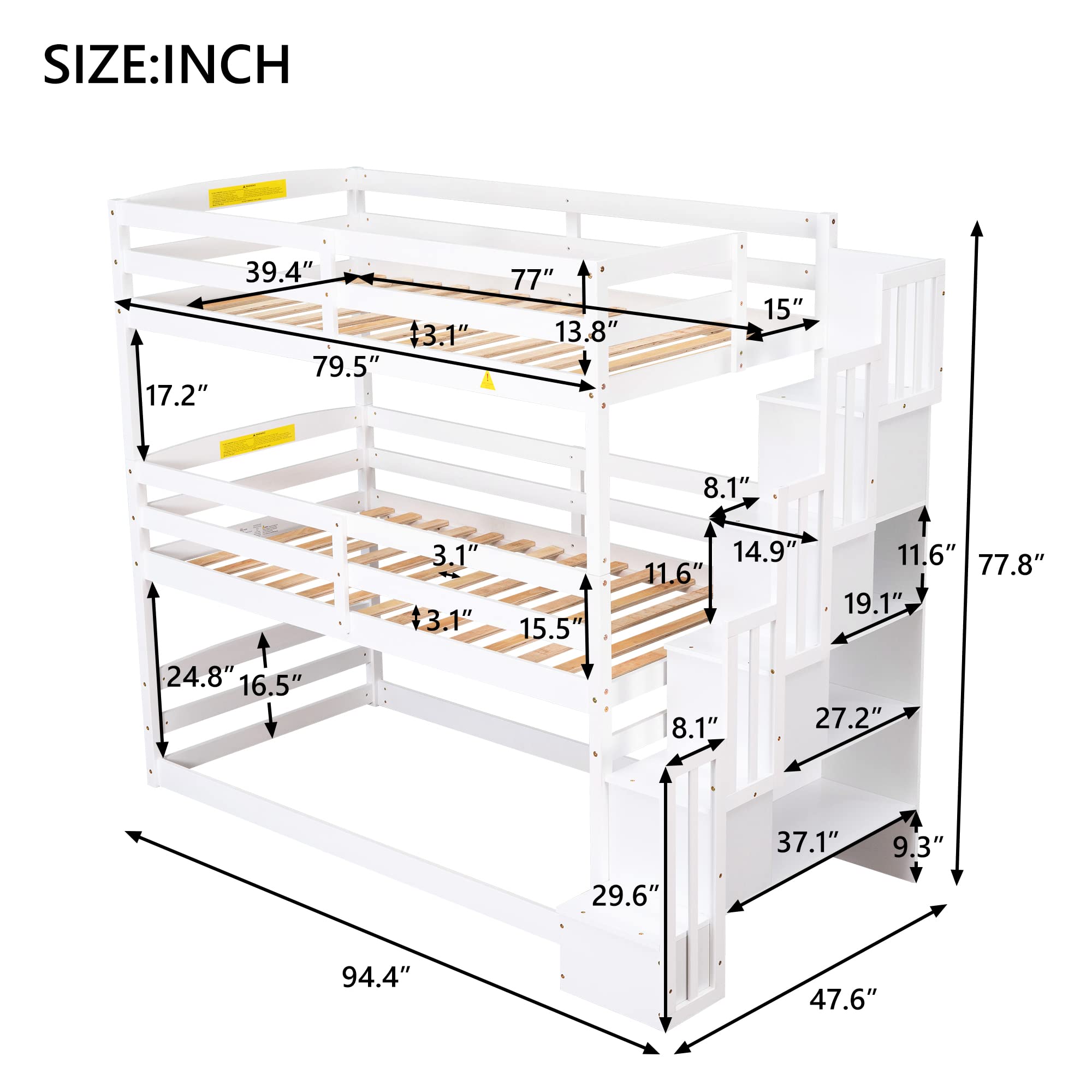 Harper & Bright Designs Wood Triple Bunk Bed with Storage Staircase, Wooden Floor Bunk Beds 3 Beds in 1 for Kids, Detachable Triple Bed Can Convertible into Twin Bunk Beds & Loft Bed, White