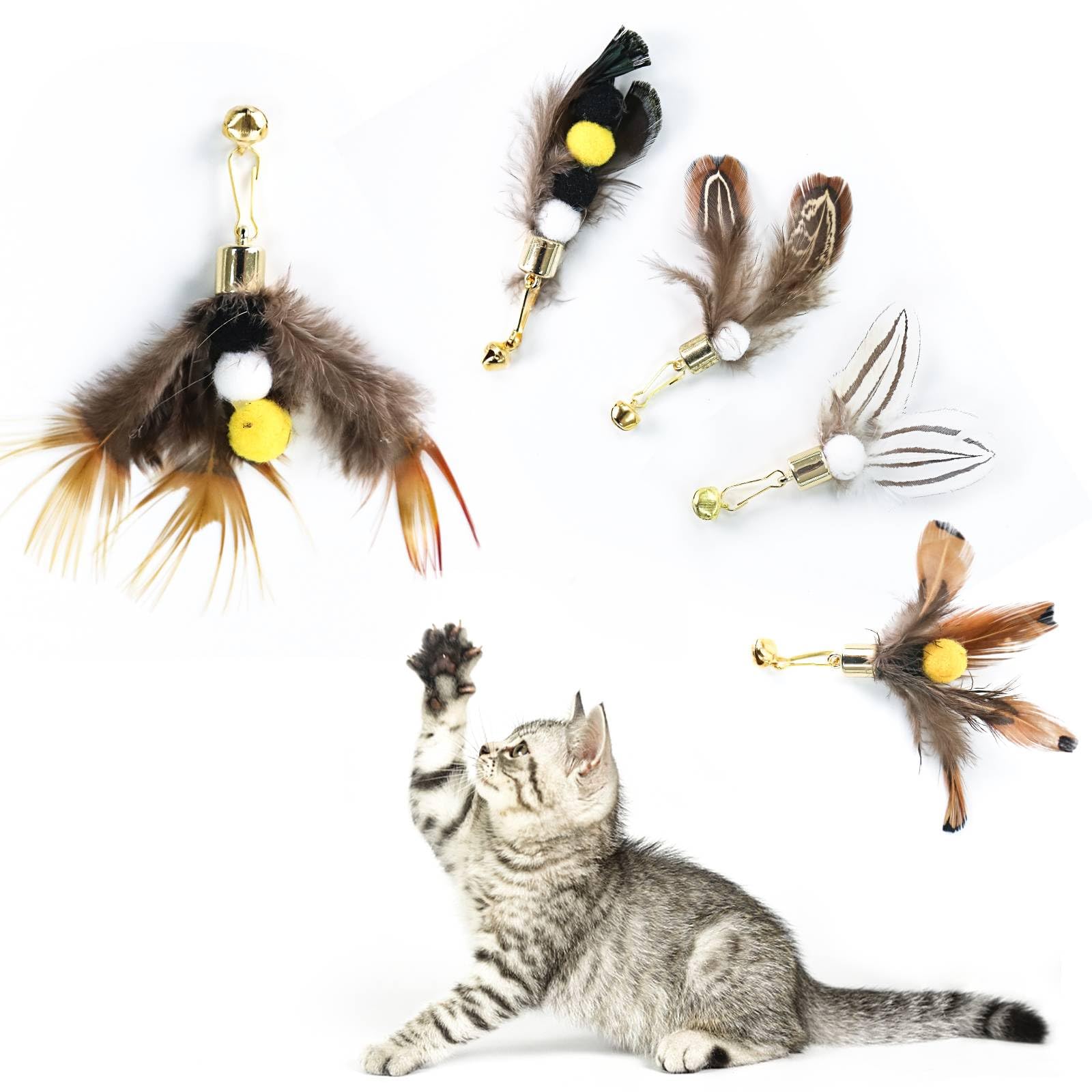 Hokoad Cat Insect Feather Toys Replacement Cat Toy Wand Refills, 6 Pieces Natural Insect Cat Toy Feathers Refill, Interactive Cat Teaser Wand Attachments, with Bell