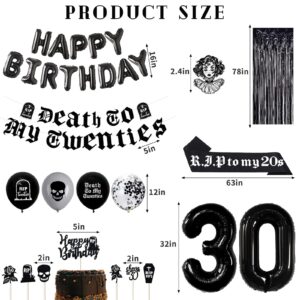 Black 30th Birthday Decorations for Women or Men, Death to My 20s Decorations, Death to My Twenties Banner Number 30 Balloons Rip to My 20s Sash Cake Toppers for Rip 20s Birthday Decorations