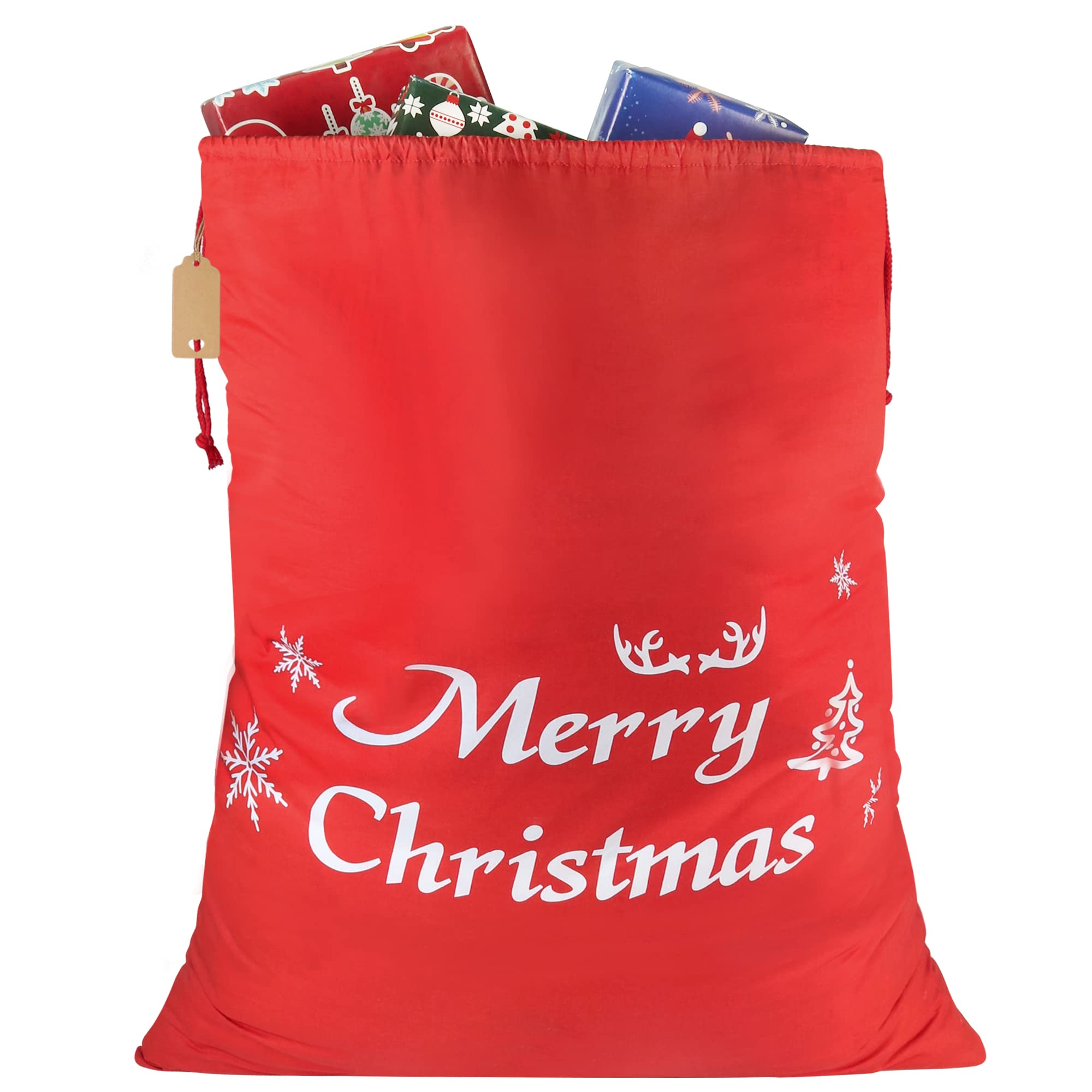 HRX Package Large Cotton Christmas Bag, 32x28 inch Fabric Drawstring Santa Sack, Reusable Cloth Wrapping Bag with Gift Tag for Xmas Presents