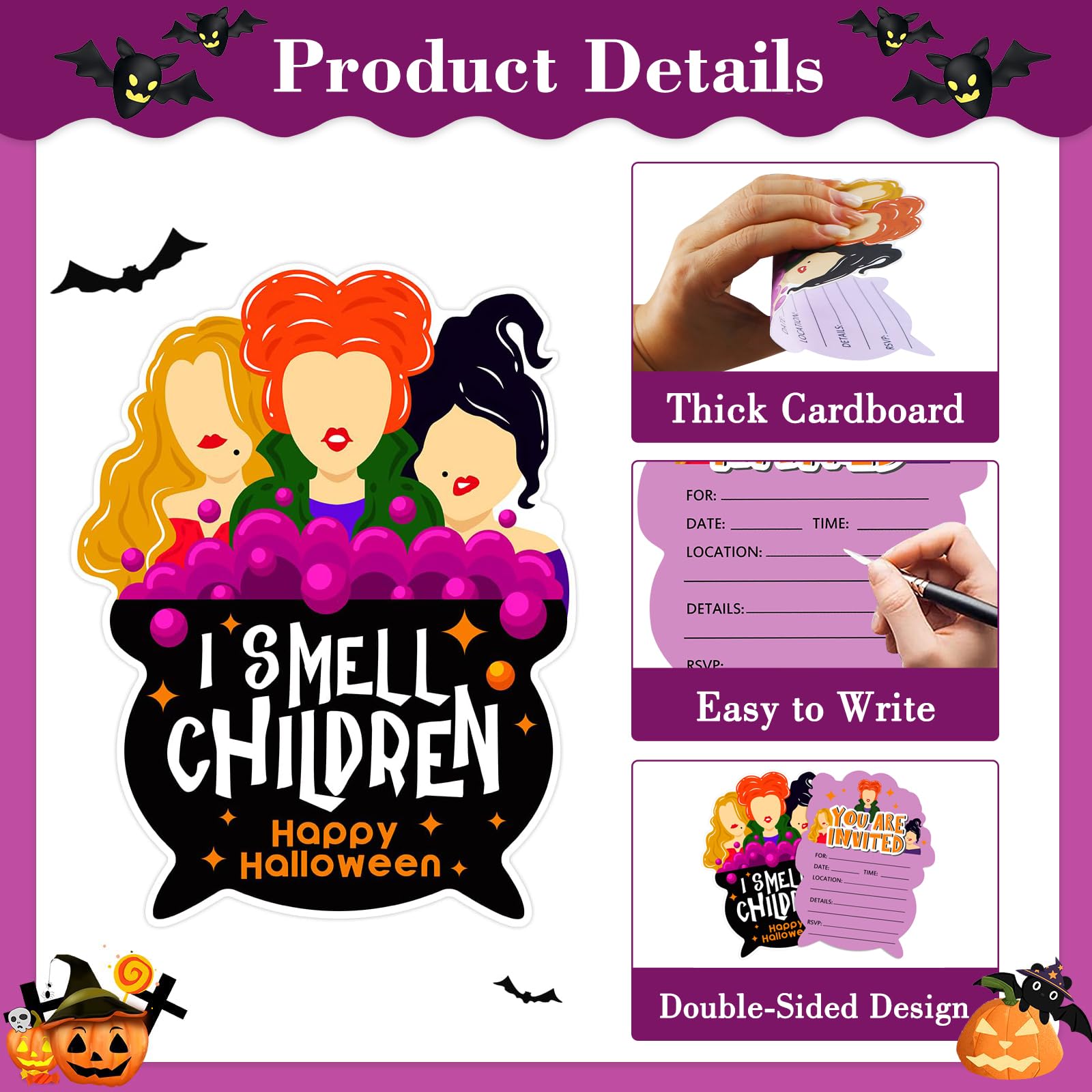 SICOHOME Halloween Party Invitations - 12pcs 5"x7" Halloween Birthday Invitations with Envelopes for Kids Adult Baby Shower Halloween Greeting Cards Hocus Pocus Invitations Party Favors Supplies