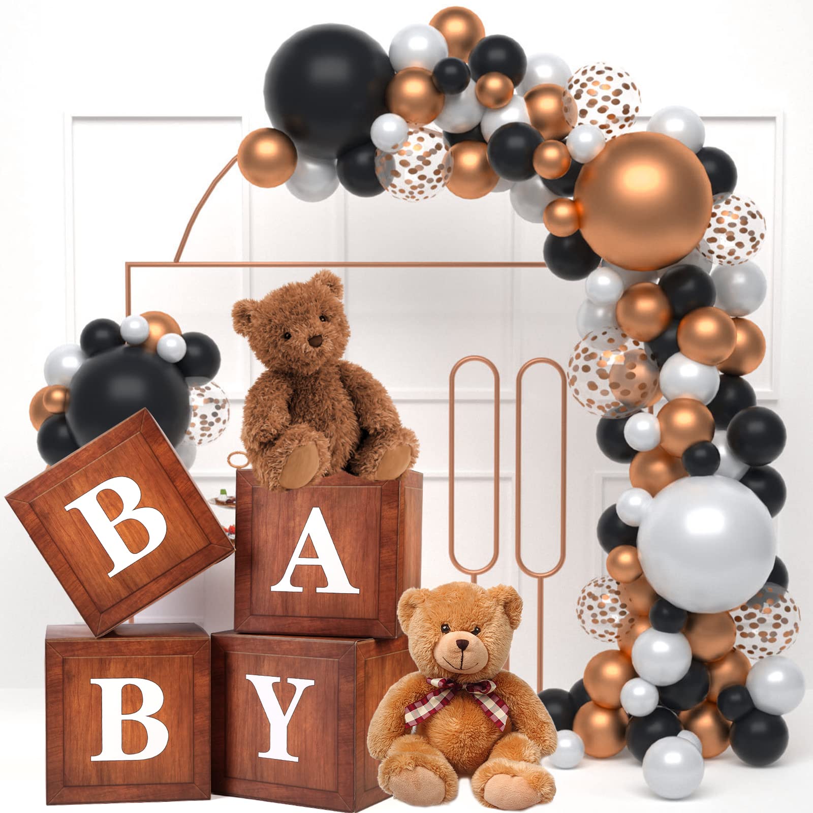 Wood Baby Shower Boxes Party Decorations - 4 Wood Grain Brown Blocks with Printed BABY Letters, Gender Reveal Backdrop,Teddy Bear Baby Shower Supplies, First Birthday Centerpiece Decor