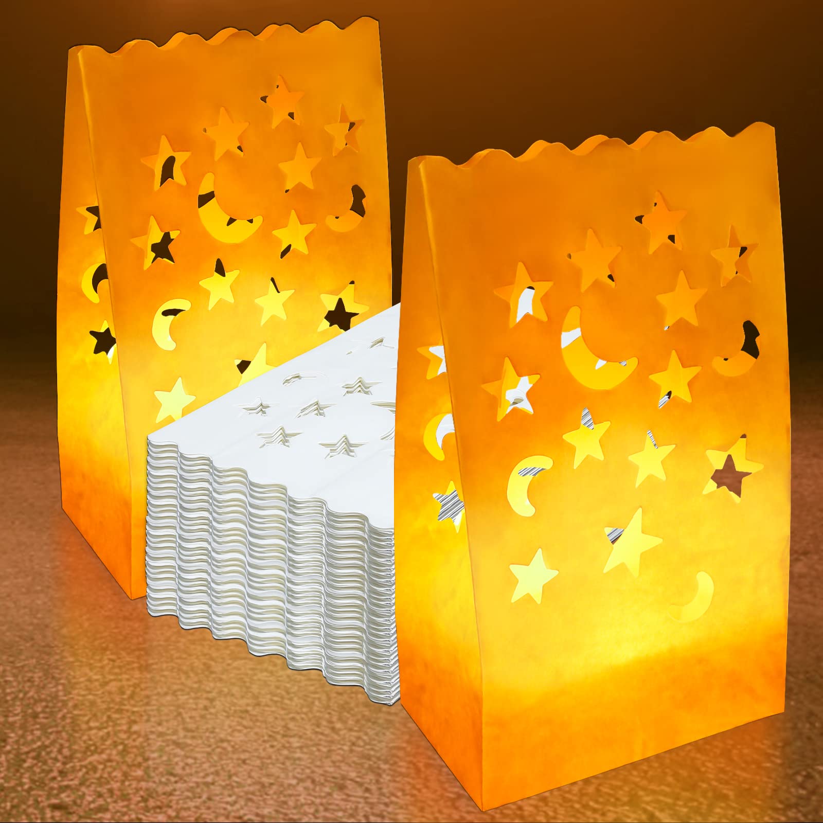 70PCS White Luminary Candle Bags Stars Moon Cutout Flame Resistant Luminaries Bag Christmas Candle Bags Paper Lantern Bags for Halloween Weddings Birthday Party Thanksgiving Valentine's Day Decoration