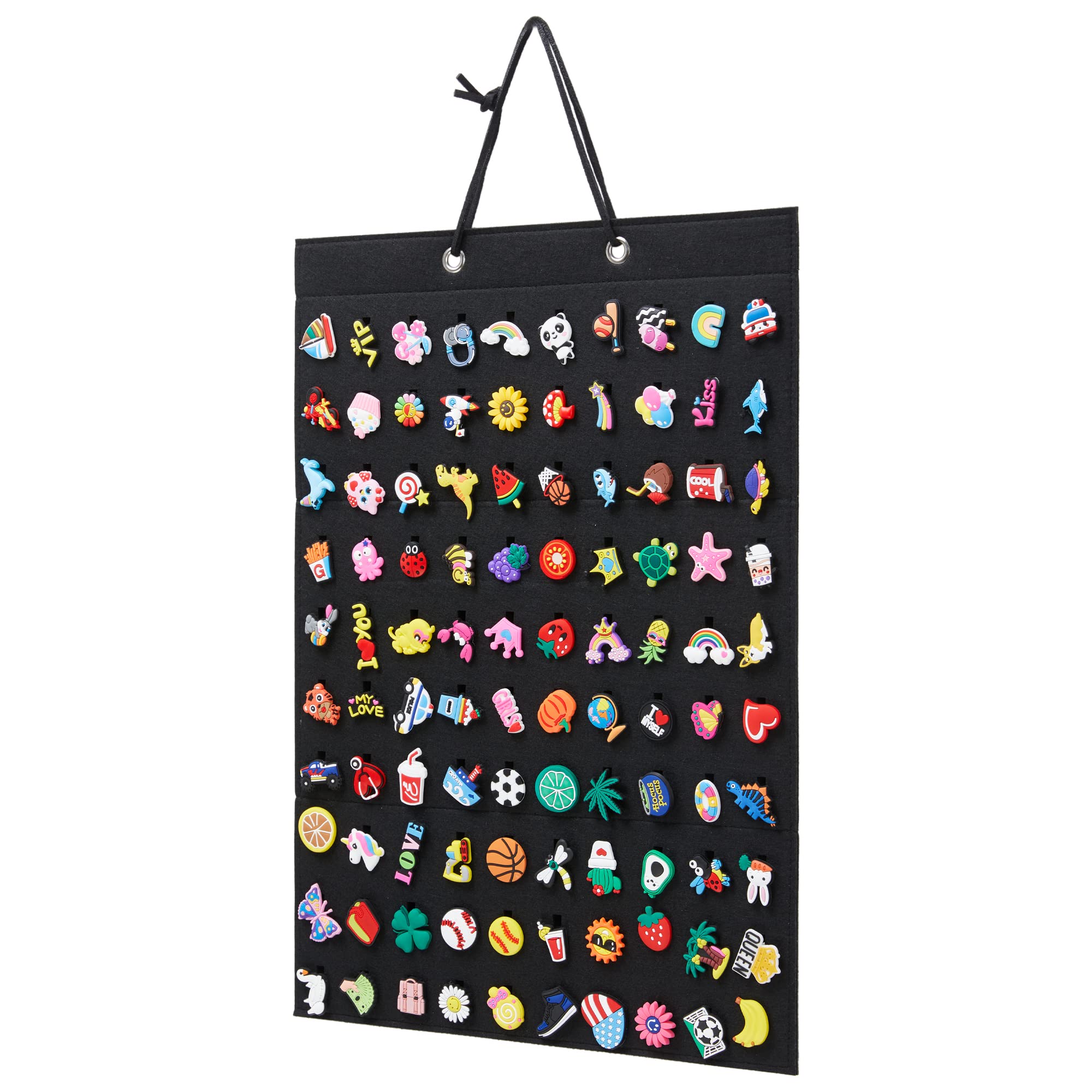 HUHYNN Shoe Charms Organizer, Hanging Shoe Charms Holder Organizer with 100 Holes for Crocs Charms Holder, Wall Mounted Shoe Charm Display, Holding up to 100pcs(No Accessories Included) (Black)