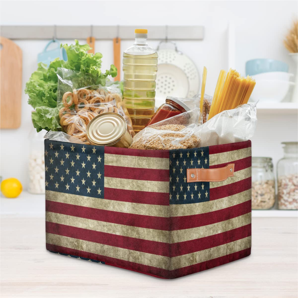 Storage Basket American USA Flag, Large Foldable Organizer Storage Bins for Shelves, Sturdy Canvas Cubes Storage Boxes with Handles for Toys Closet Nursery Office Living Room 15" x 11" x 9.5"