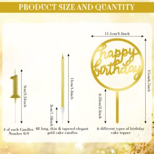 Shihanee 84 Pcs Birthday Candles Set, 30 Birthday Numeral Candles 0-9 Cake Candles, 48 Birthday Party Long Thin Cake Candles Metallic, 6 Happy Birthday Cake Toppers for Wedding Christmas(Gold)