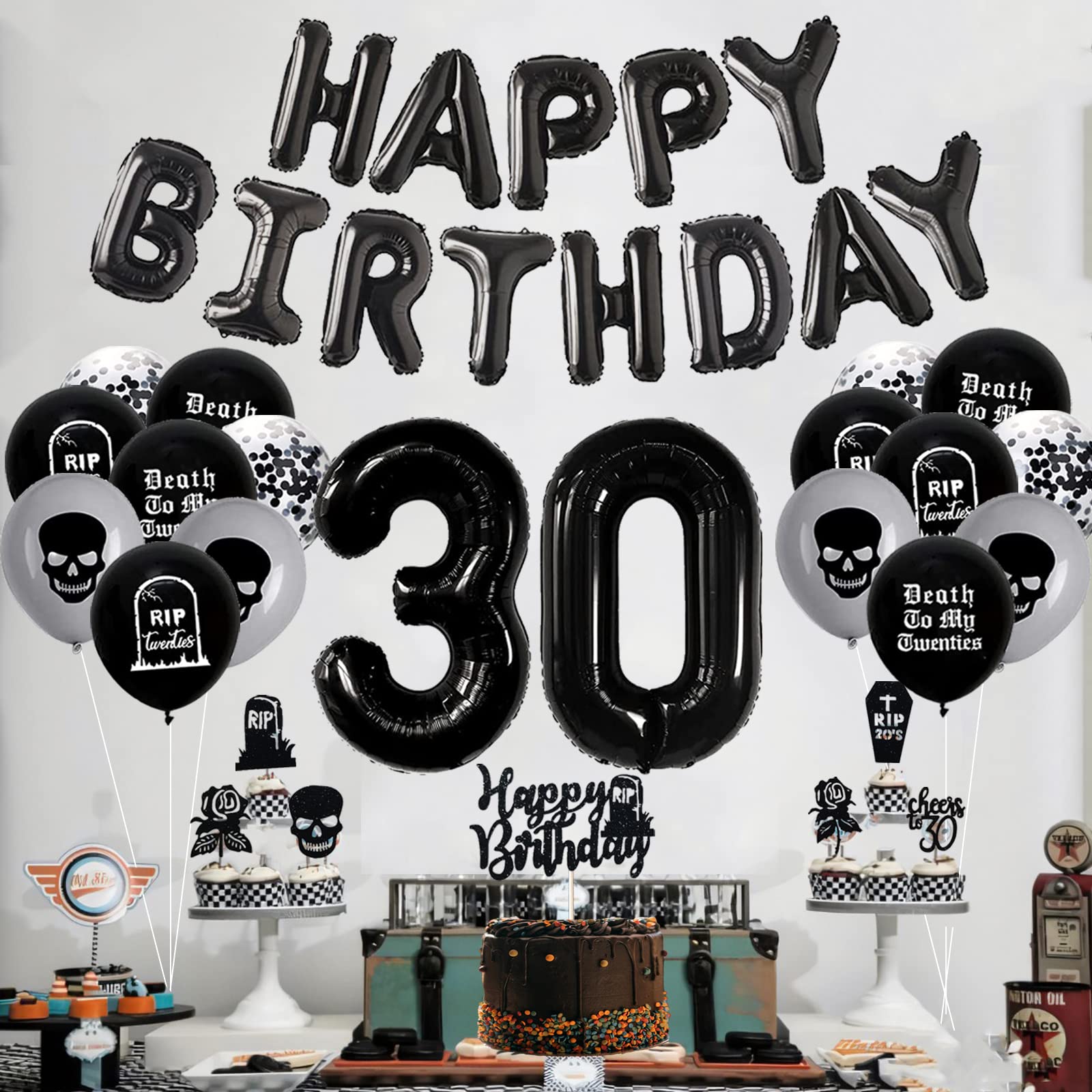 Black 30th Birthday Decorations for Women or Men, Death to My 20s Decorations, Death to My Twenties Banner Number 30 Balloons Rip to My 20s Sash Cake Toppers for Rip 20s Birthday Decorations