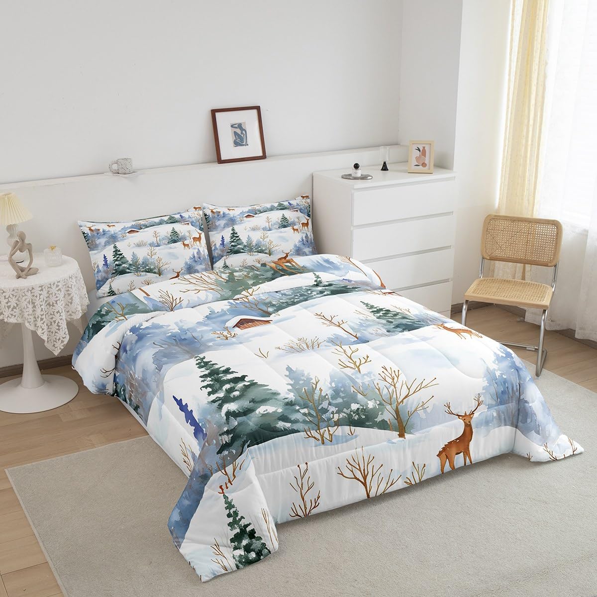 Homewish Winter Deer Comforter Set Queen Size,Christmas Snow Pine Quilt Set 3pcs,Kids Boys Girls Adults Room Decor,Wild Animals Plants Bedding Set New Year Gifts Duvet Insert,2 Pillowcases