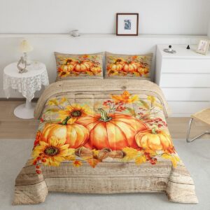 happy thanksgiving fall harvest comforter set farm leaves with pumpkin quilt queen, rustic barn door bedding set autumn maple farmhouse duvet insert for kids boys girls teens adult, brown gold