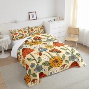 Castle Fairy Retro Flowers Comforter Set Twin Size,70s Floral Mushroom Quilt Set for Kids Boys Bedroom Collection,Art Hippie Plant Eye Print Polyester Bedding with 1 Pillowcase,2Pcs