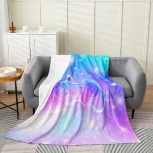 erosebridal games blanket throw 50x60 inch, gamer throw blanket for girls child kids, blue purple ombre gradient gamepad flannel blanket, video game bed blanket modern control buttons bedroom decor