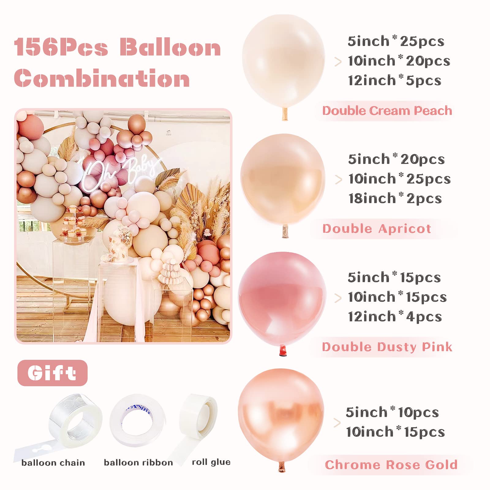 Boho Balloon Arch Kit 156pcs Dusty Rose Balloon Garland Double Stuffed Dusty Pink Nude Brown Cream Peach Chrome Rose Gold Balloon Garland Kit for Baby Shower Bridal Wedding Birthday Party Decorations