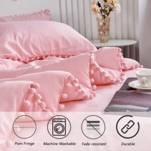 PERFEMET 5 Pcs Pink Pom Pom Comforter Boho Chic Aesthetic Ball Pom Comforter Set Full Size Ultra Soft Lightweight Bedding Set with Sheet for Girls Kids(Pink, Full)