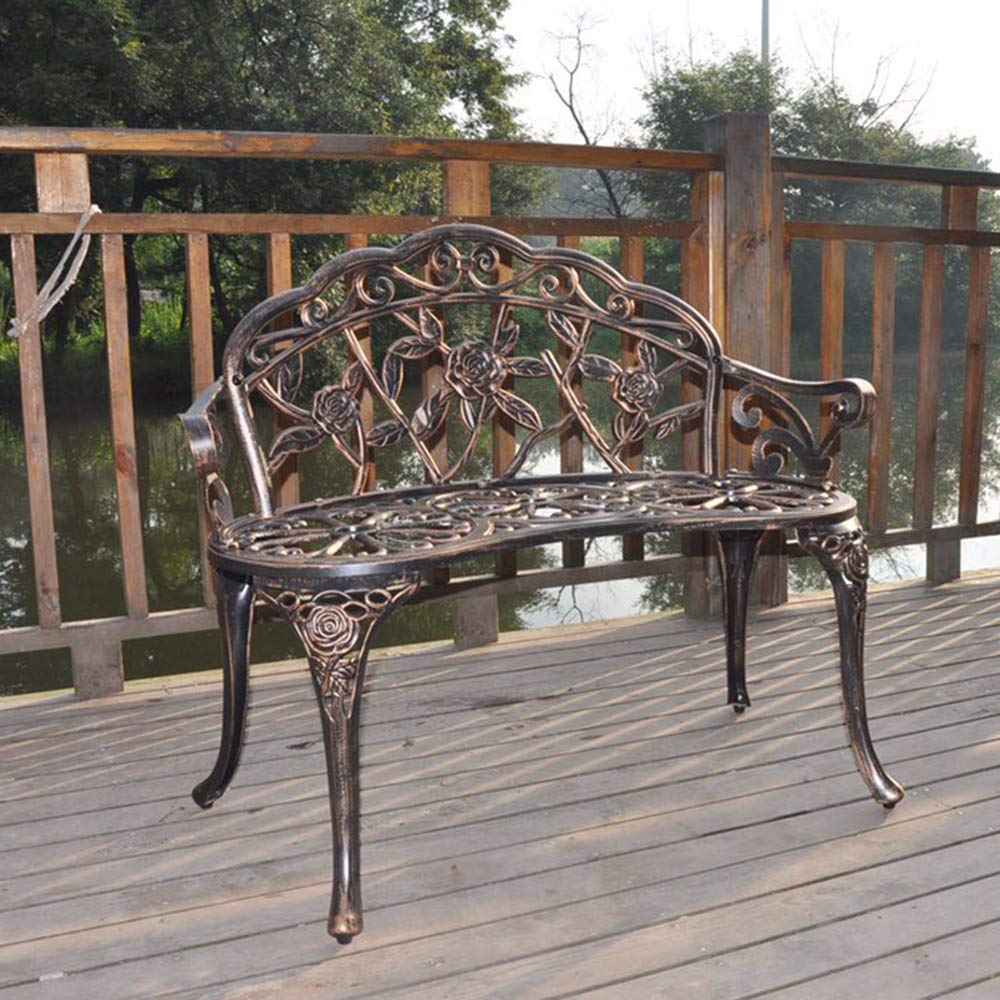 Patio Park Garden Outdoor Metal Rose Bench,Cast Iron Cast Aluminium Frame Antique Finish Chair,Accented Lawn Front Porch Path Yard Decor Deck Furniture for 2 Person Seat,Bronze