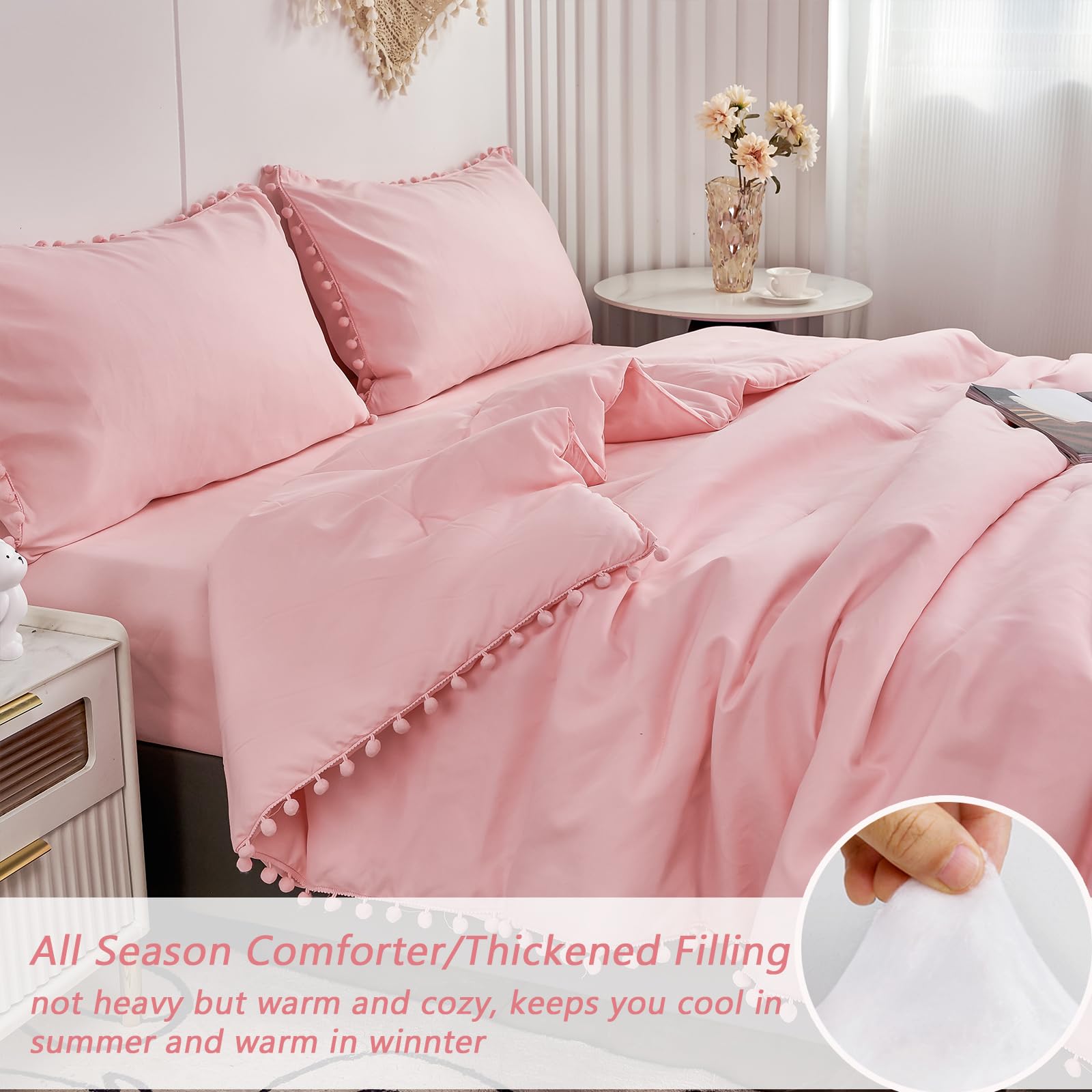 PERFEMET 5 Pcs Pink Pom Pom Comforter Boho Chic Aesthetic Ball Pom Comforter Set Full Size Ultra Soft Lightweight Bedding Set with Sheet for Girls Kids(Pink, Full)