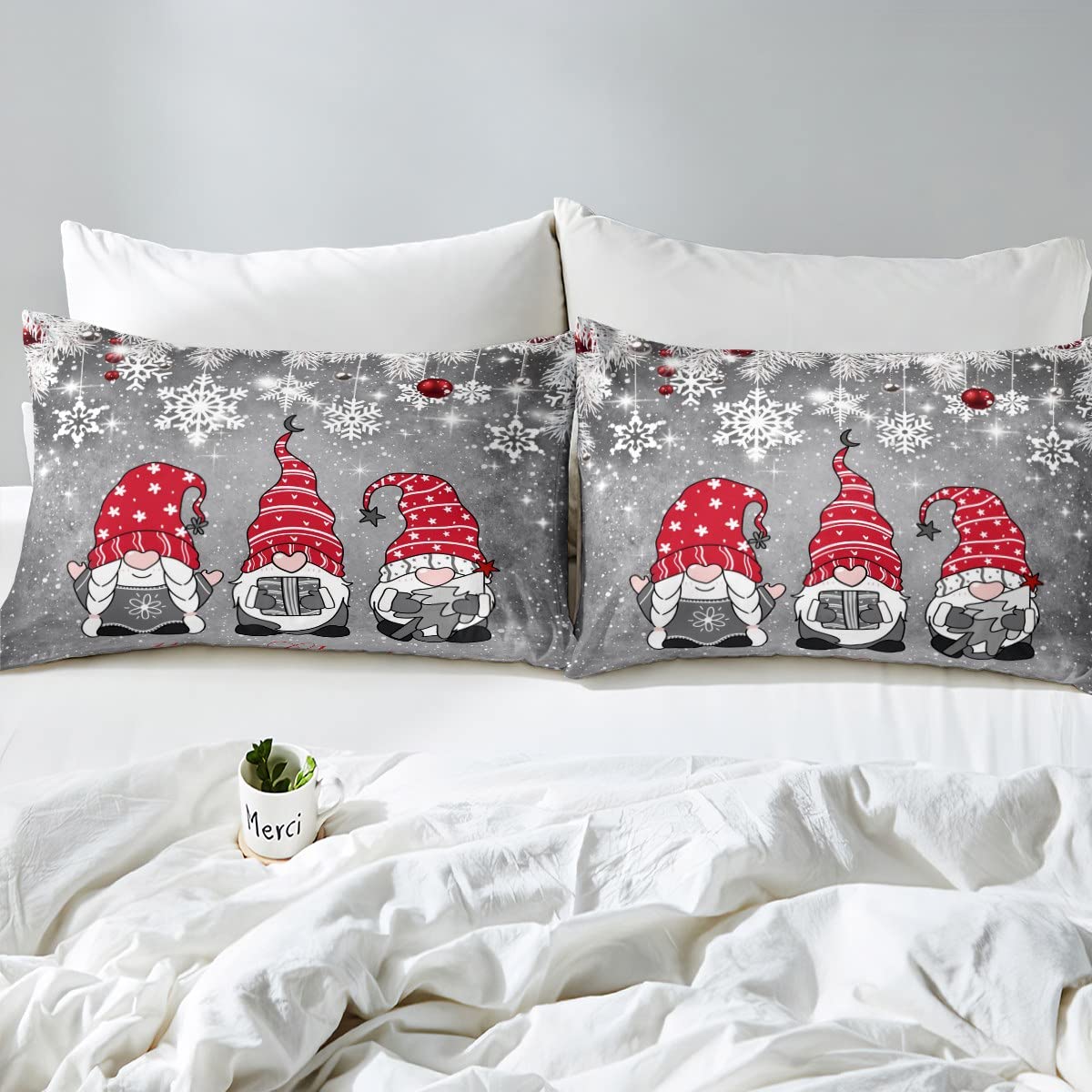 Christmas Gnomes Duvet Cover, Xmas Theme Comforter Cover For Kids Boys Girls Teens Adult, Santa Claus Snowflake Bell Bedding Set Merry Christmas Bedspread Cover With 2 Pillow Cases, Grey, Queen