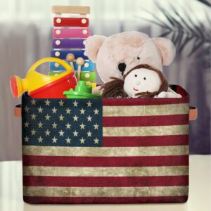 Storage Basket American USA Flag, Large Foldable Organizer Storage Bins for Shelves, Sturdy Canvas Cubes Storage Boxes with Handles for Toys Closet Nursery Office Living Room 15" x 11" x 9.5"