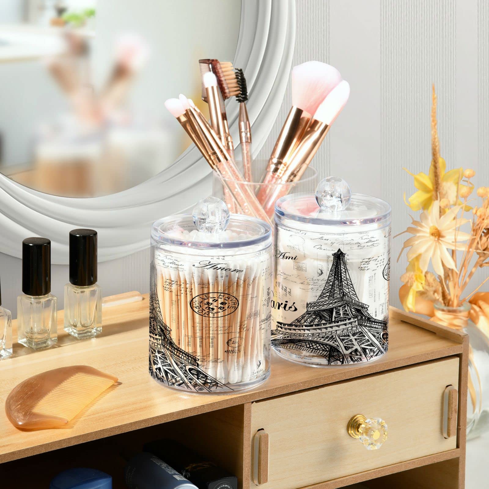 WELLDAY Apothecary Jars Bathroom Storage Organizer with Lid - 14 oz Qtip Holder Storage Canister, Paris Eiffel Tower Clear Plastic Jar for Cotton Swab, Cotton Ball, Floss Picks