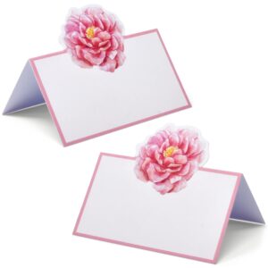 Gift Boutique 100 Pink Peony Floral Place Cards Flower Wedding Seating Name Card Folded Tent Cards for Baby Shower Weddings Tables 2 x 3.5 Inches