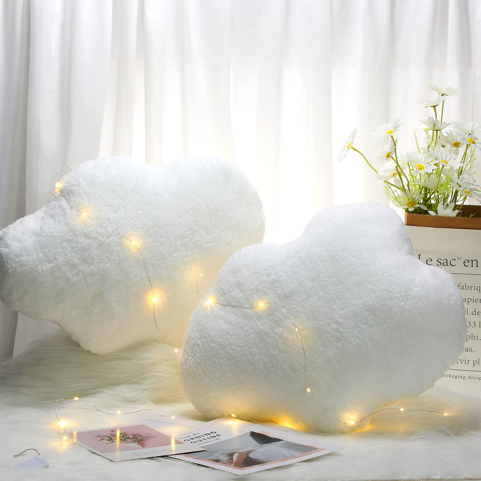 Namalu 20 Inch Cloud Shaped Stuffed Throw Pillows Lovely Pillows Cute Aesthetic Soft Waist Rest Cushion for Girls Bedroom Office Car Chair Home Decoration (White, 2 Pcs)