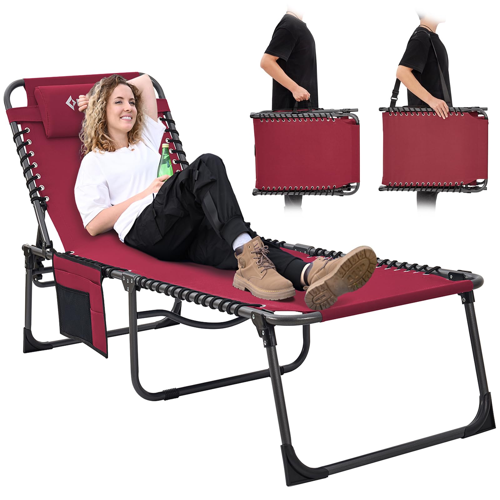 KingCamp Patio Chaise Lounge Chairs Reclining Folding Adjustable Outside with Pillow Lawn Pool Beach Sunbathing Camping Cot Outdoor, 74.8''x23.2''x14.5'', Crimson