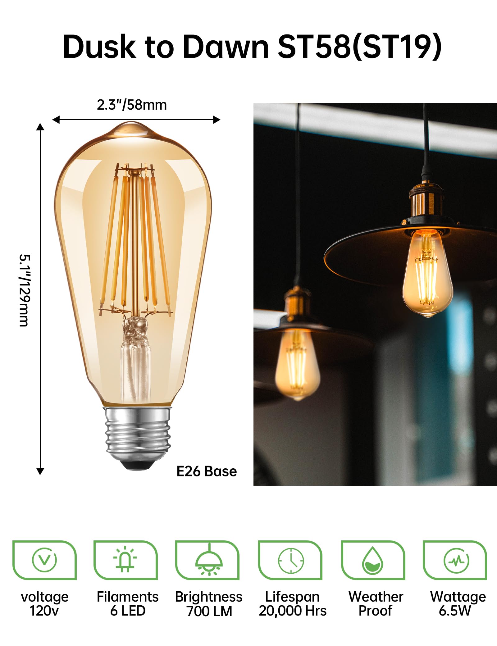 Qualilux Dusk to Dawn Edison Light Bulbs ST58(ST19), Vintage Amber Glass, Warm Light, 6.5W=60W, Non-Dimmable Auto On/Off Light Sensing LED Filament Bulb Outdoor, 700LM, E26, 2-Pack, HQ-H027