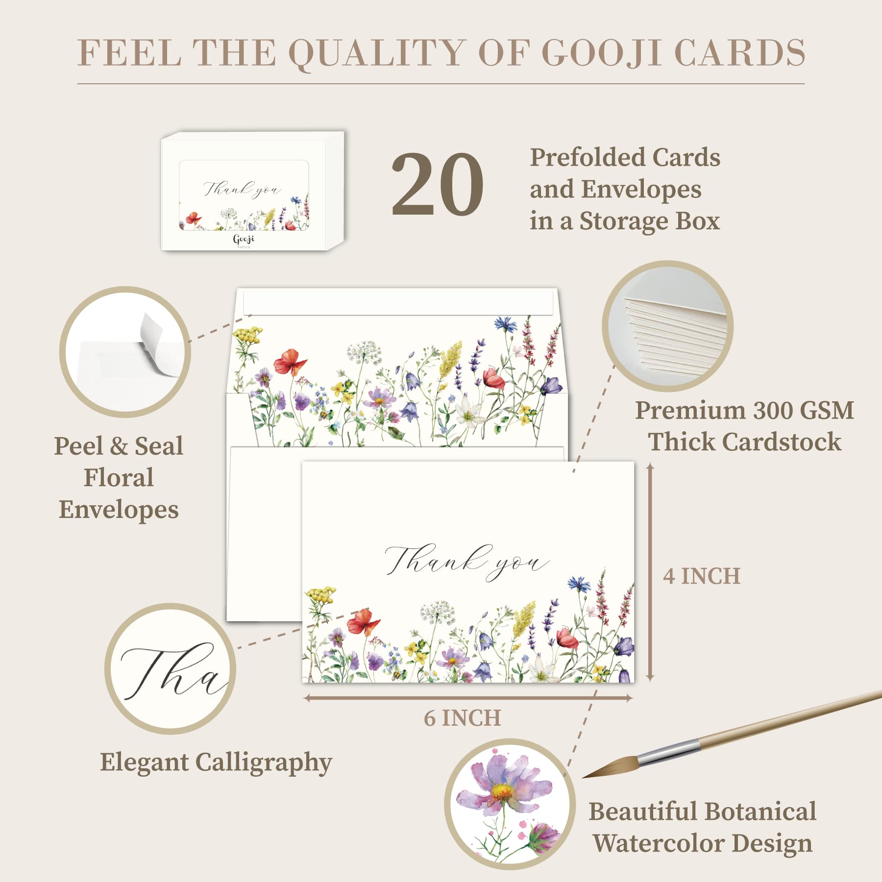 Gooji 4x6 Midsummer Floral Thank You Cards Multipack with Envelopes (Bulk 20-Pack) Matching Peel-and-Seal Envelopes, Wildflower, Weddings, Blank Notes Small Business, Assorted Stationary