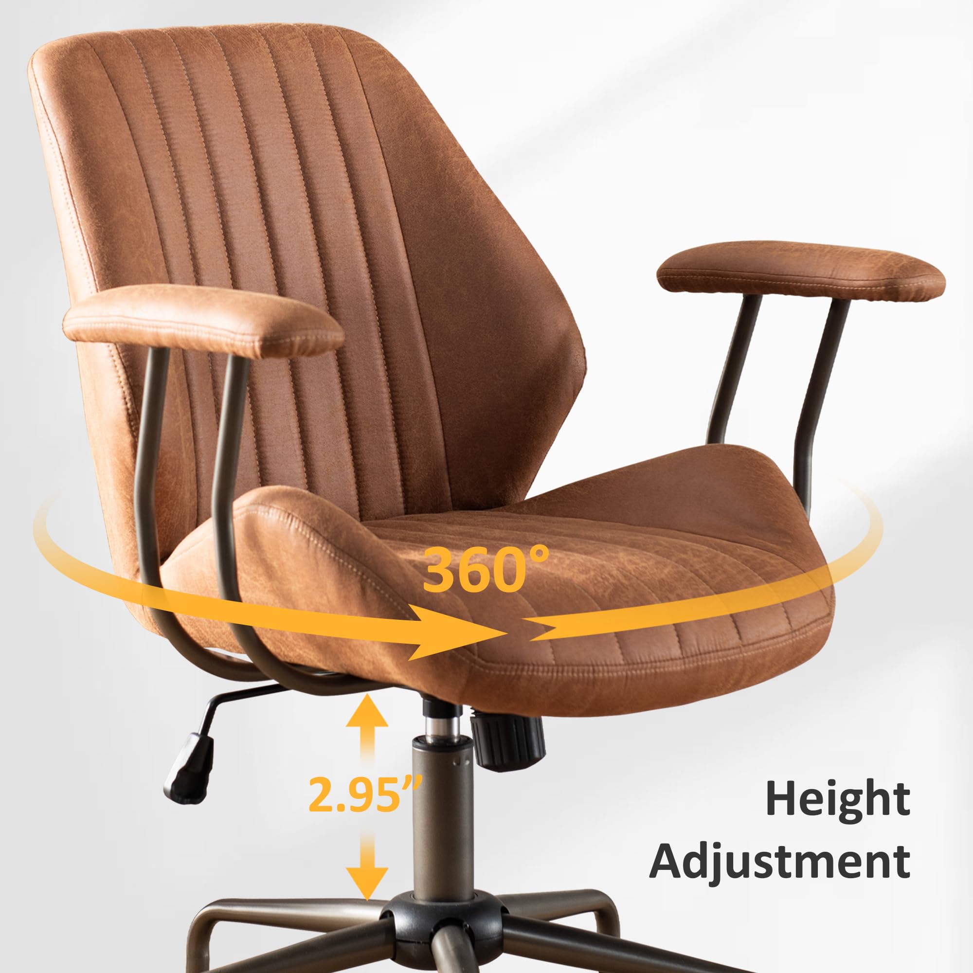 ovios Ergonomic Office Chair, Comfy Leather Chair with Swivel Rolling Wheels, Mid-Century Modern Computer Desk Chair for Home Executive, Brown