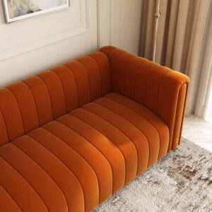 Velvet Couch Sofa Loveseat, 81.3 Wide Mid Century Modern Couch Small Spaces Love Seat Tufted Chesterfield Velvet Sofa Futon with Gold Leg, Comfy 3 Seat Deep Sofas Couches for Living Room (Orange)