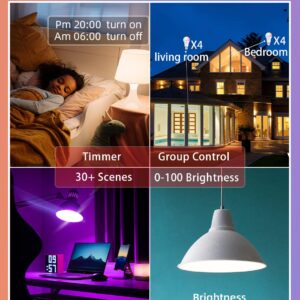 Dawwee Color Changing Light Bulb App Control, 2.4Ghz WiFi and Bluetooth Smart Light Bulbs Music Sync, Magic RGB Light Bulb Compatible with Alexa Google, E26 LED Light Bulb, 4 Pack