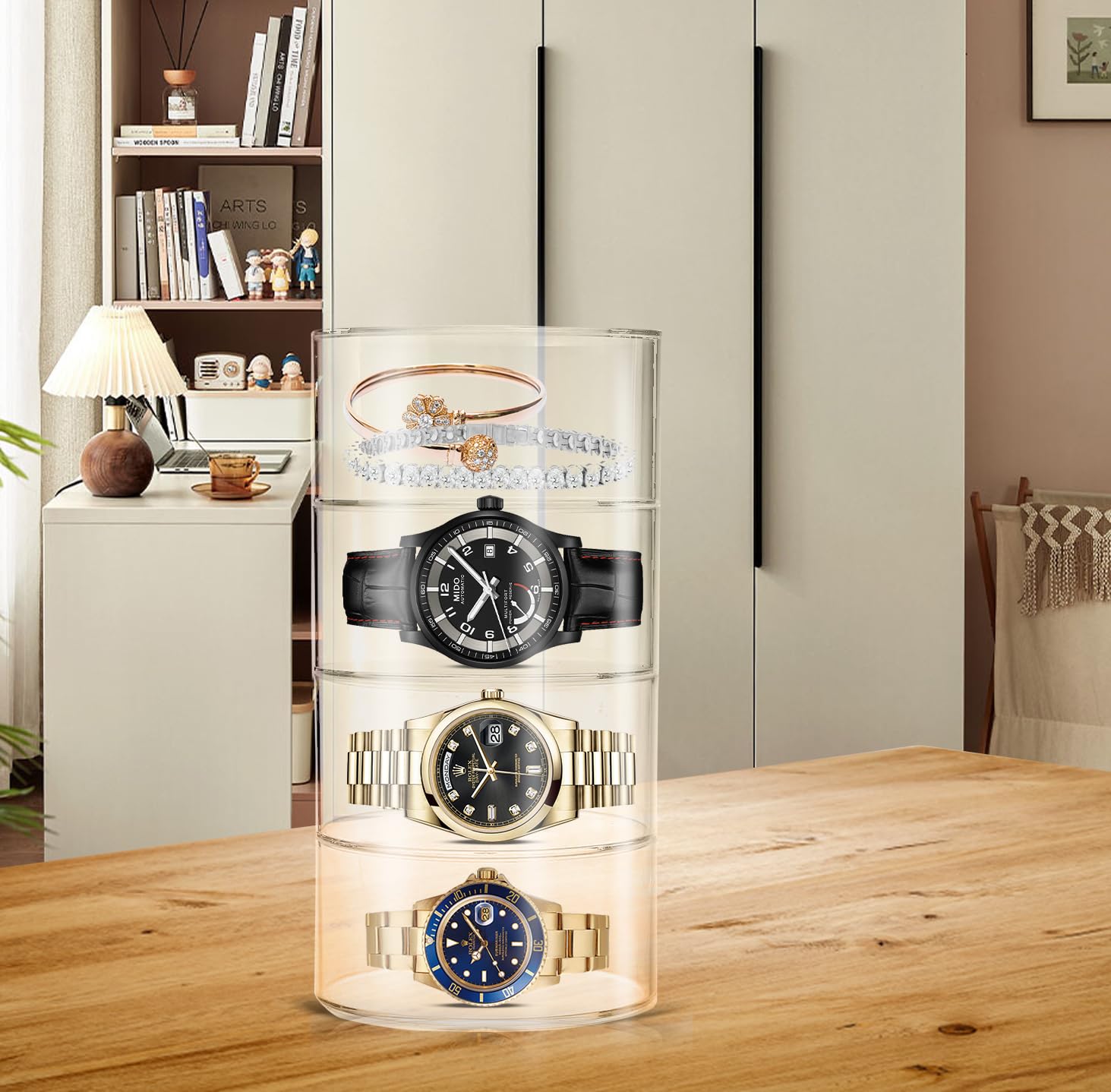 Acrylic Belt Organizer for Closet - 4 Compartments Transparent Storage Holder | Display Case for Makeup, Jewelry, Watches, Bow Tie, & Bracelets | Multipurpose Clear Containers & Versatile Design