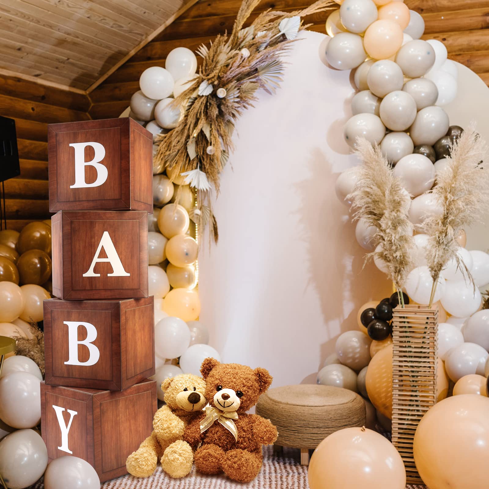 Wood Baby Shower Boxes Party Decorations - 4 Wood Grain Brown Blocks with Printed BABY Letters, Gender Reveal Backdrop,Teddy Bear Baby Shower Supplies, First Birthday Centerpiece Decor