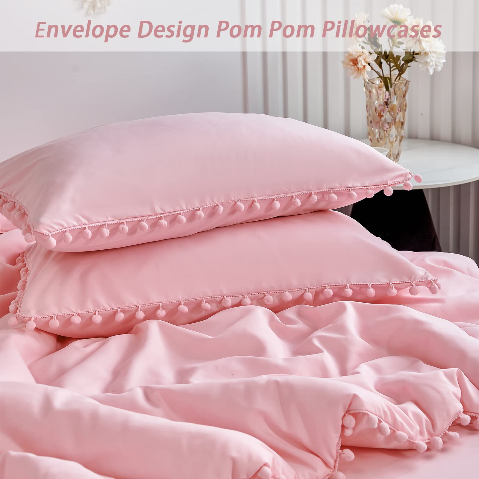 PERFEMET 5 Pcs Pink Pom Pom Comforter Boho Chic Aesthetic Ball Pom Comforter Set Full Size Ultra Soft Lightweight Bedding Set with Sheet for Girls Kids(Pink, Full)