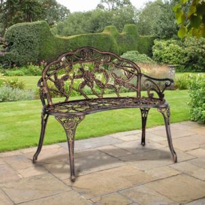 Patio Park Garden Outdoor Metal Rose Bench,Cast Iron Cast Aluminium Frame Antique Finish Chair,Accented Lawn Front Porch Path Yard Decor Deck Furniture for 2 Person Seat,Bronze