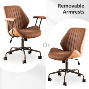 ovios Ergonomic Office Chair, Comfy Leather Chair with Swivel Rolling Wheels, Mid-Century Modern Computer Desk Chair for Home Executive, Brown