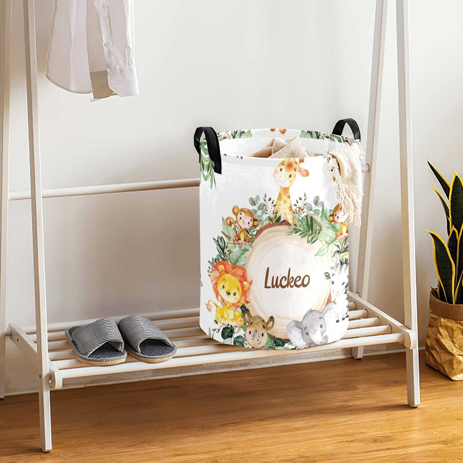 Safari Jungle Animals Personalized Laundry Basket Clothes Hamper Storage Handle Waterproof, Custom Collapsible Large Capacity , for Bedroom Bathroom Toy Decoration