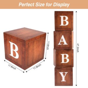 Wood Baby Shower Boxes Party Decorations - 4 Wood Grain Brown Blocks with Printed BABY Letters, Gender Reveal Backdrop,Teddy Bear Baby Shower Supplies, First Birthday Centerpiece Decor