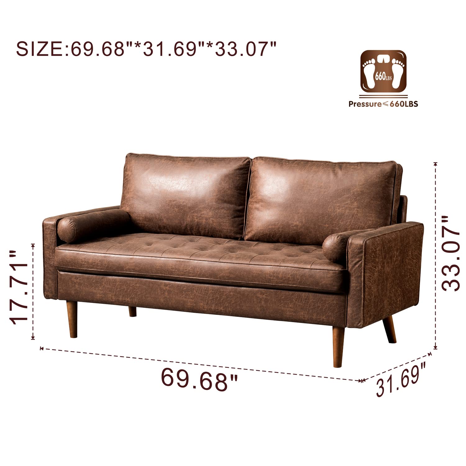 XIZZI Mid-Century Loveseat Sofa for Living Room,69.68" Small Couch for Small Spaces Bedroom with Solid Wooden Frame and High Density Sponge Cushion,Dark Brown