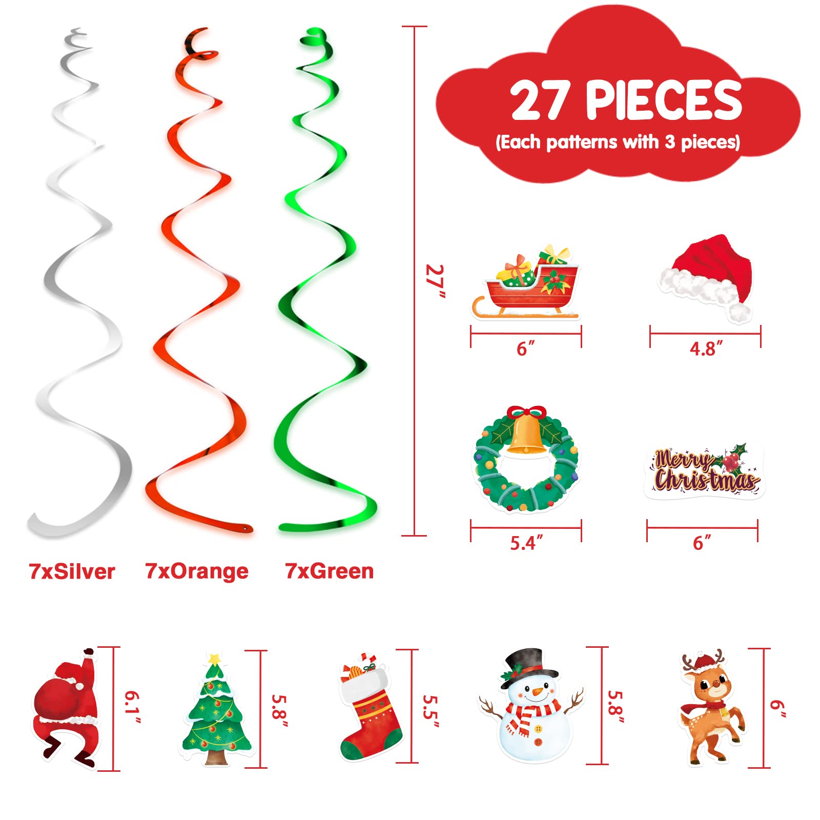 WERNNSAI Christmas Party Hanging Swirl Decorations - 27 Pieces Sparkly Streamer Party Spiral Ceiling Decorations Birthday Party Supply Xmas Themed Fiesta Ornaments