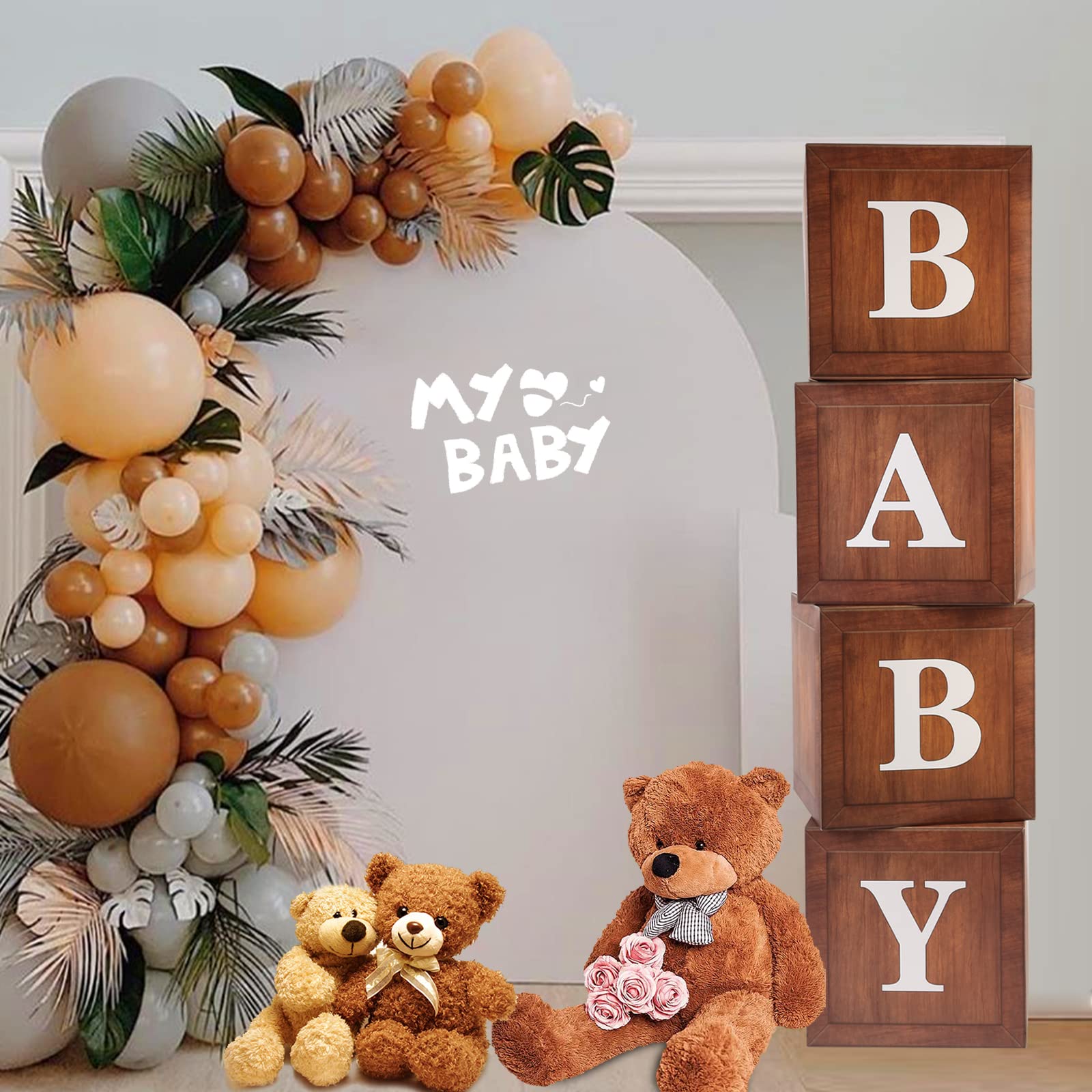 Wood Baby Shower Boxes Party Decorations - 4 Wood Grain Brown Blocks with Printed BABY Letters, Gender Reveal Backdrop,Teddy Bear Baby Shower Supplies, First Birthday Centerpiece Decor