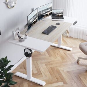 Radlove Electric Height Adjustable Standing Desk, 63x 30 Inches Stand Up Desk Workstation, Splice Board Home Office Computer Standing Table Ergonomic Desk (White+ Oak, 63x30'')