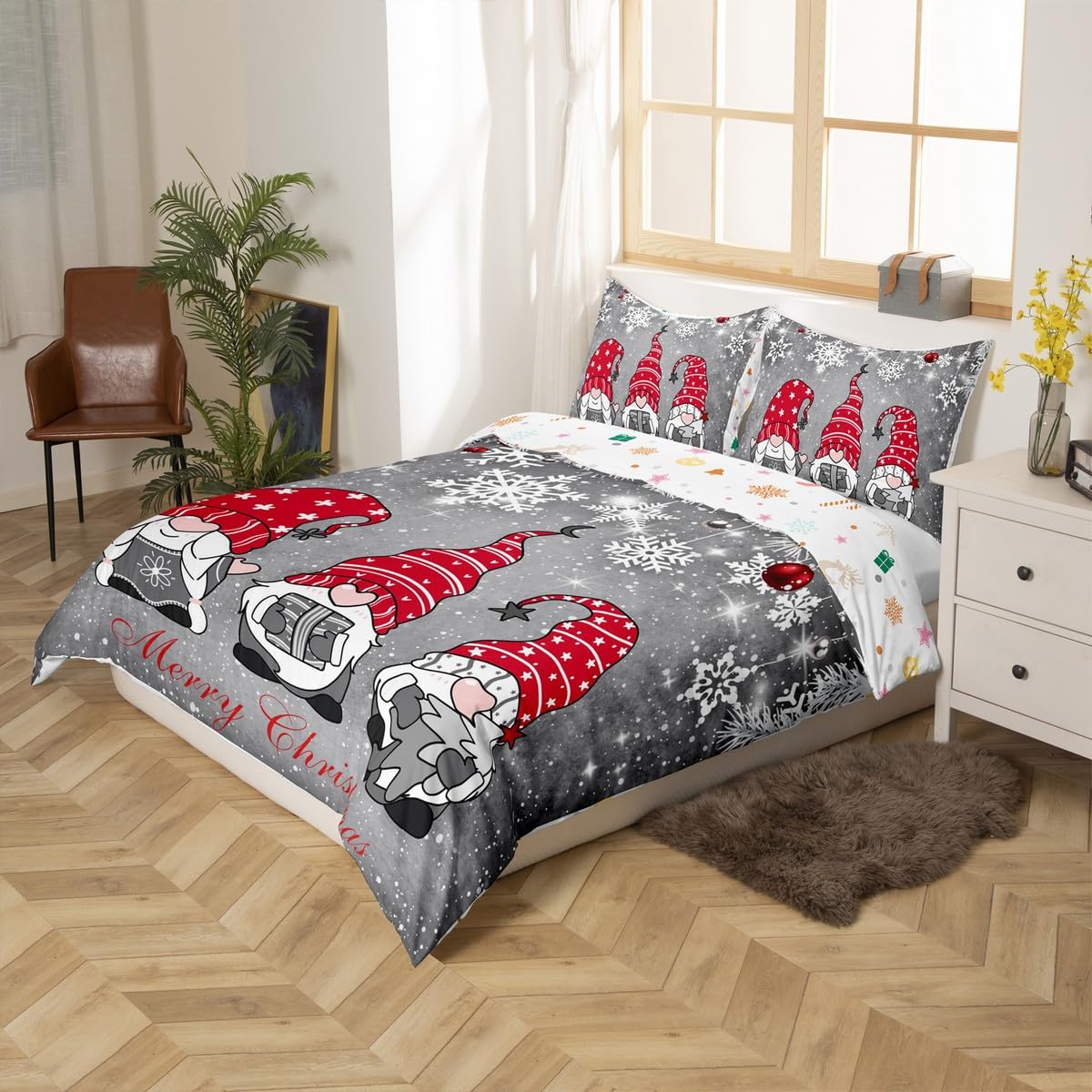 Christmas Gnomes Duvet Cover, Xmas Theme Comforter Cover For Kids Boys Girls Teens Adult, Santa Claus Snowflake Bell Bedding Set Merry Christmas Bedspread Cover With 2 Pillow Cases, Grey, Queen