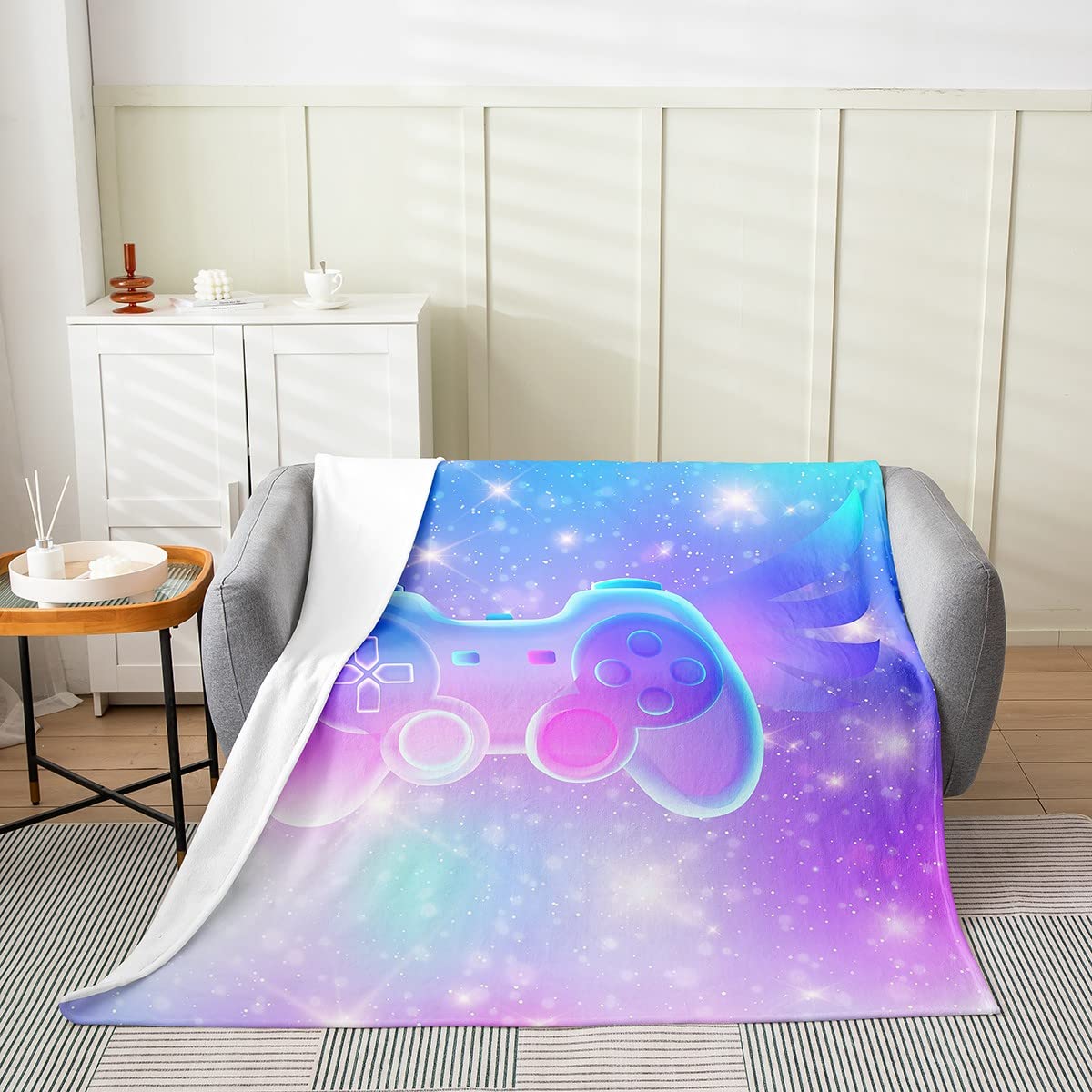 Erosebridal Games Blanket Throw 50X60 Inch, Gamer Throw Blanket for Girls Child Kids, Blue Purple Ombre Gradient Gamepad Flannel Blanket, Video Game Bed Blanket Modern Control Buttons Bedroom Decor