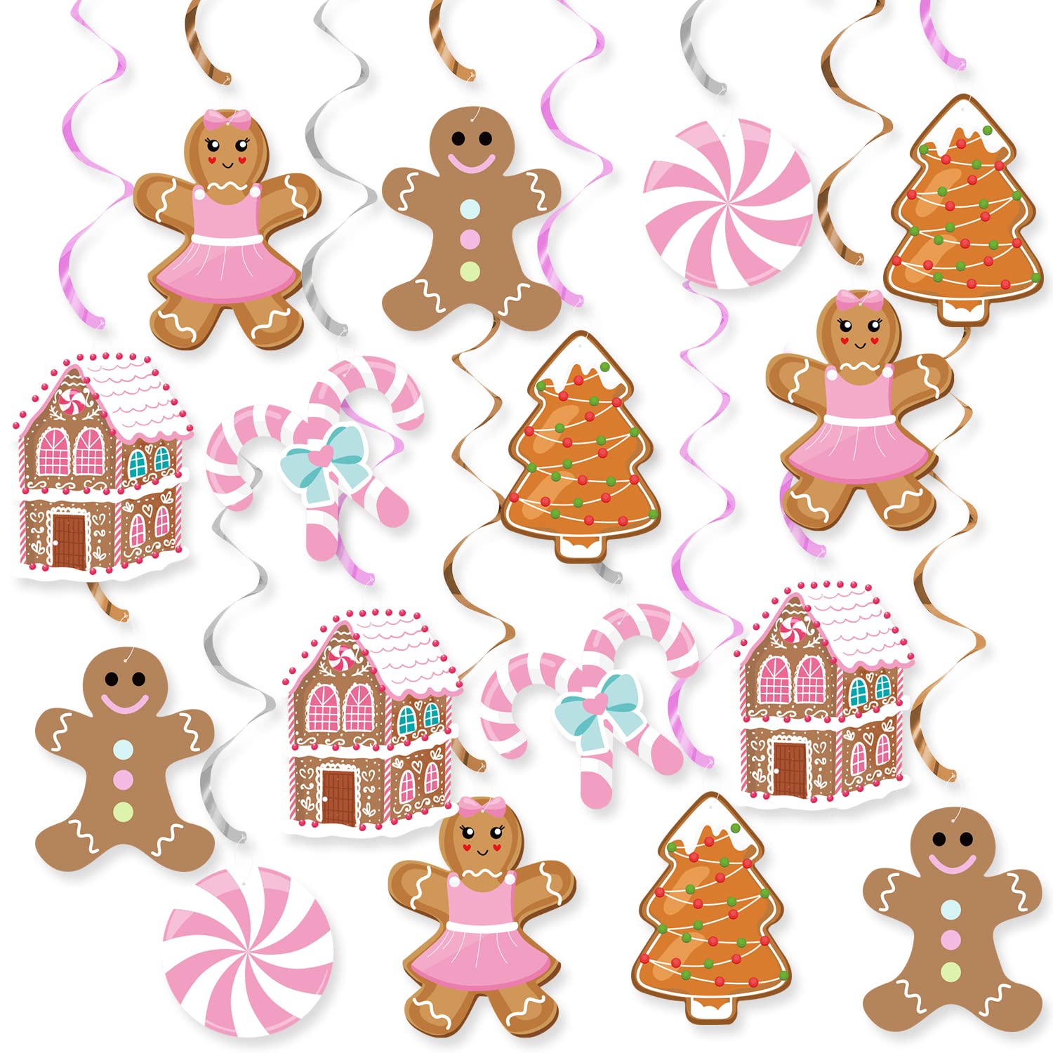 K KUMEED 20 Pcs Gingerbread Man Theme Party Hanging Swirls Ceiling Hanging Streamers for Christmas, Christmas Decorations Birthday Party Supplies Baby Shower Decor