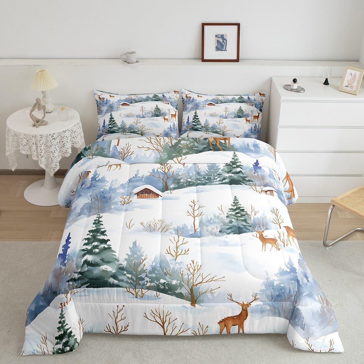 Homewish Winter Deer Comforter Set Queen Size,Christmas Snow Pine Quilt Set 3pcs,Kids Boys Girls Adults Room Decor,Wild Animals Plants Bedding Set New Year Gifts Duvet Insert,2 Pillowcases