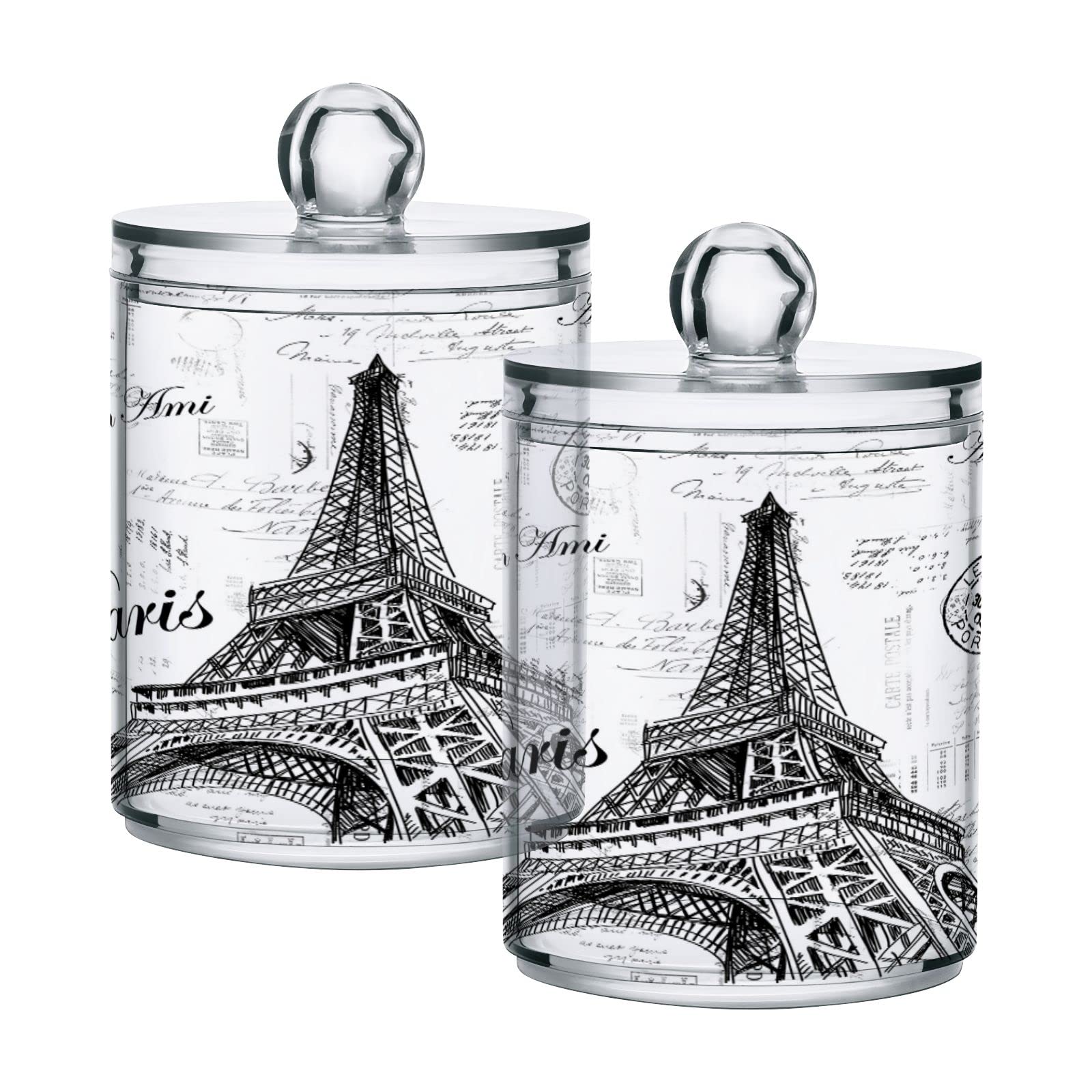 WELLDAY Apothecary Jars Bathroom Storage Organizer with Lid - 14 oz Qtip Holder Storage Canister, Paris Eiffel Tower Clear Plastic Jar for Cotton Swab, Cotton Ball, Floss Picks